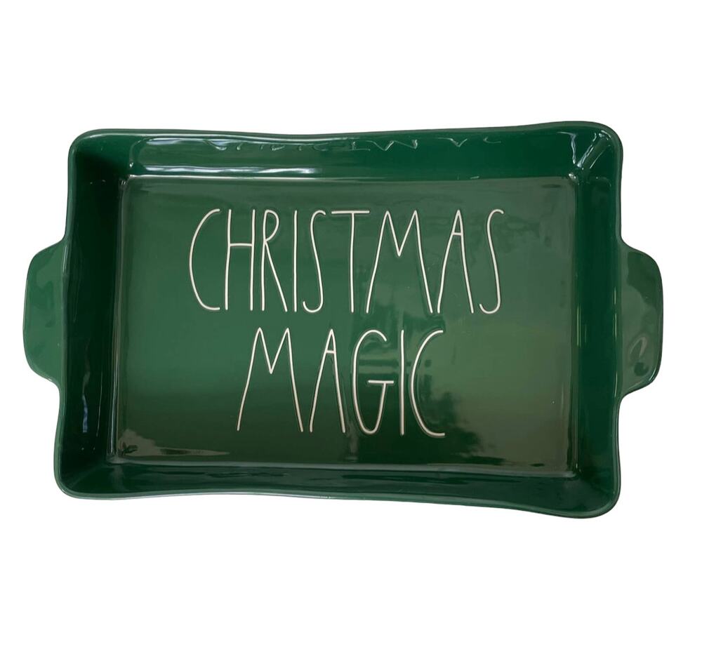 Rae Dunn Christmas Magic Lasagna Dish Green Ceramic Baking Magenta READ Chipped